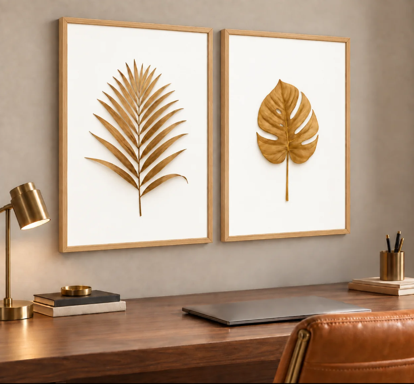 Kit 2 Quadros Decorativos Folhas Douradas para Sala e Cozinha – foto principal