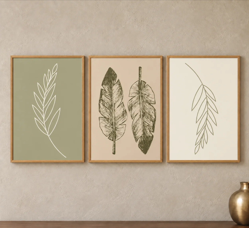 Kit 3 Quadros Decorativos Folhas em Traço Minimalista Moldura Carvalho – foto principal
