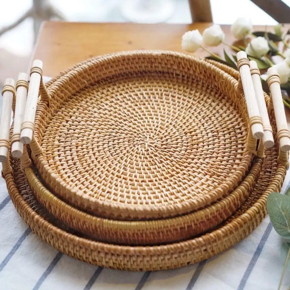 Bandeja Redonda de Rattan Trançado com Alças – foto 4