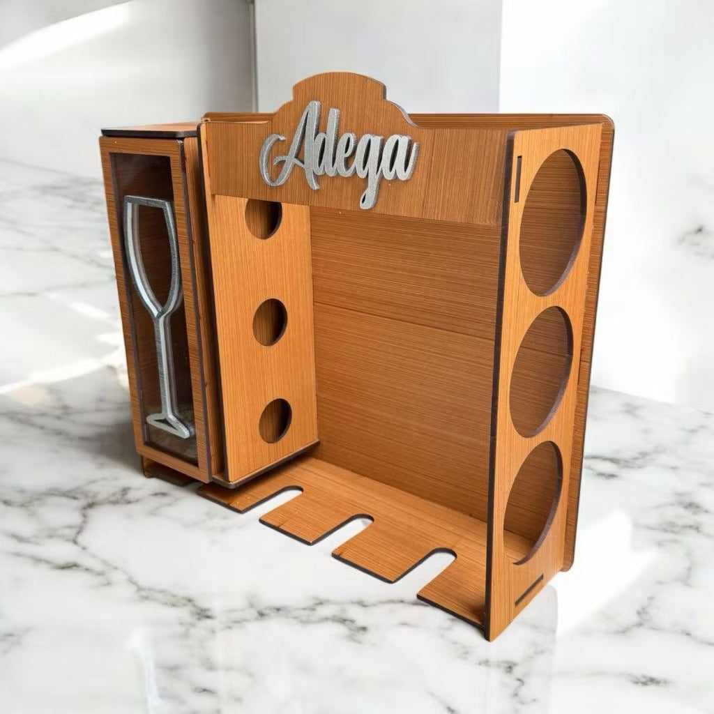 Adega de Parede em MDF para 3 Vinhos com Porta-Taças e Porta-Rolhas