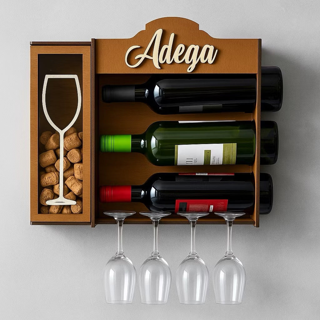 Adega de Parede em MDF para 3 Vinhos com Porta-Taças e Porta-Rolhas – foto 4