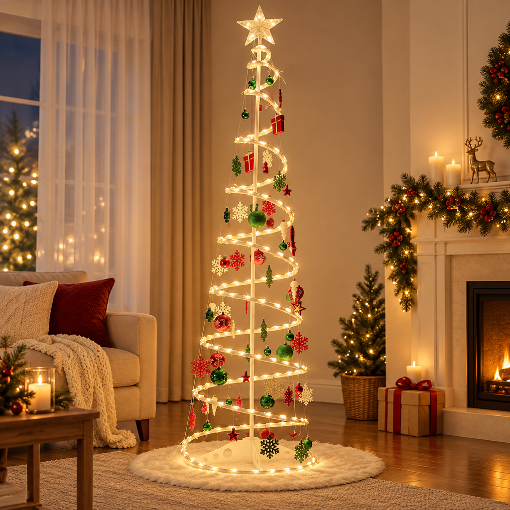 Árvore de Natal Espiral com LED 1,80 m e 30 Enfeites