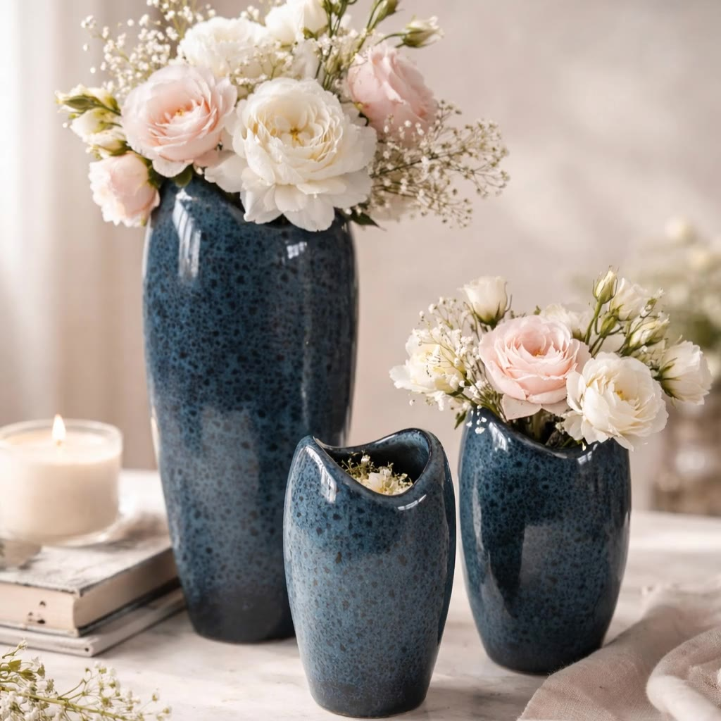 Trio de Vasos Decorativos em Cerâmica Esmaltada Assimétricos – foto principal