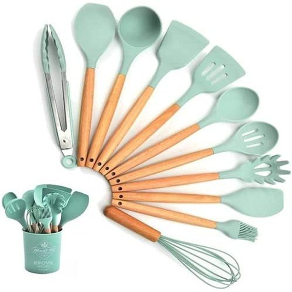 Kit 12 Utensílios de Silicone com Cabo de Madeira e Suporte – foto 2