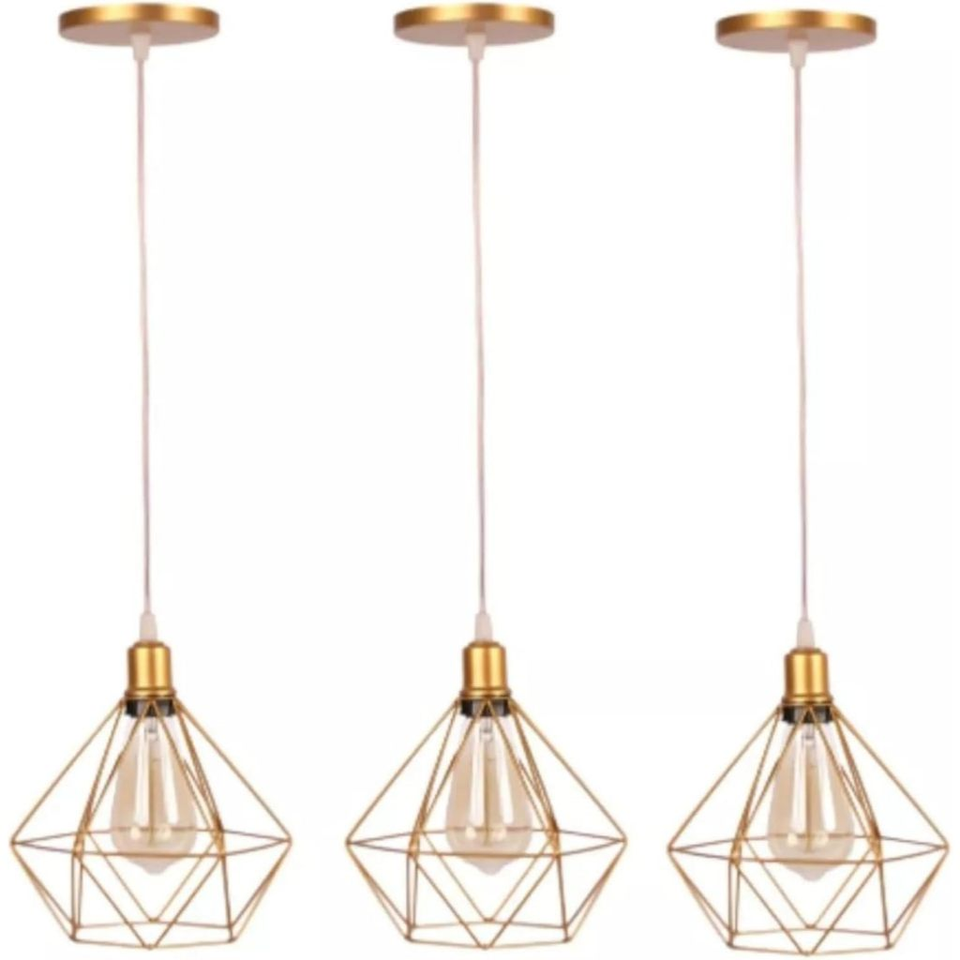 Kit 3 Pendentes Aramados Diamante com Altura Regulável – foto principal