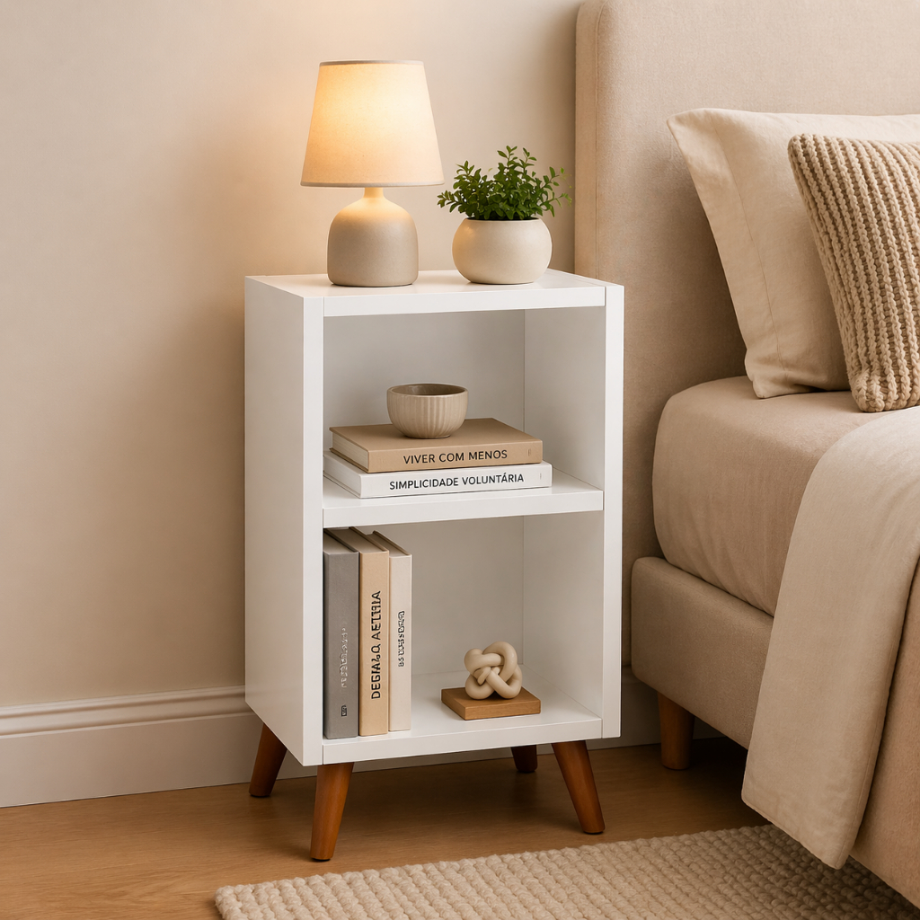 Mesa de Cabeceira Compacta com 2 Nichos e Pés Palito – foto principal