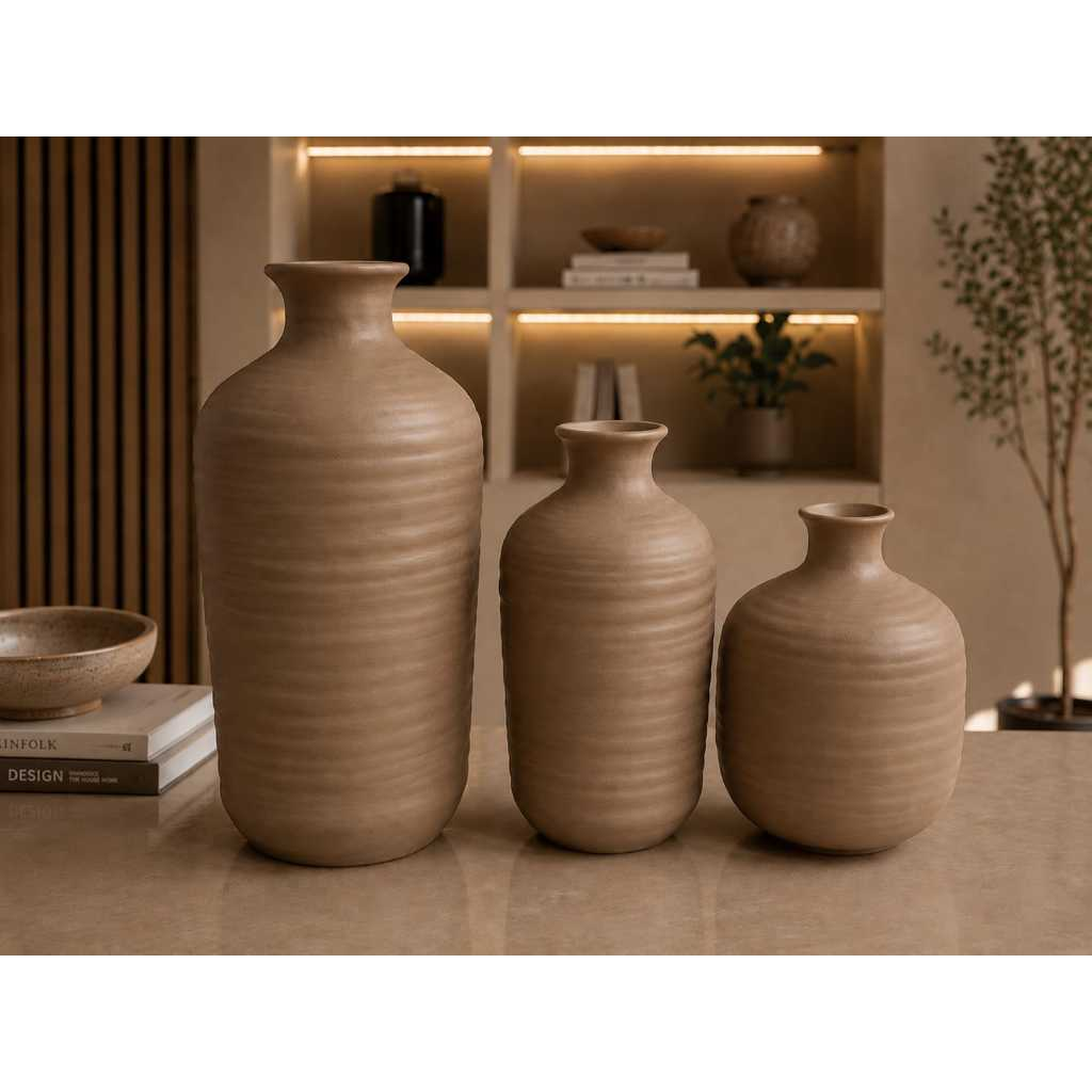 Trio de Vasos Decorativos em Cerâmica com Textura Frisada – foto 5