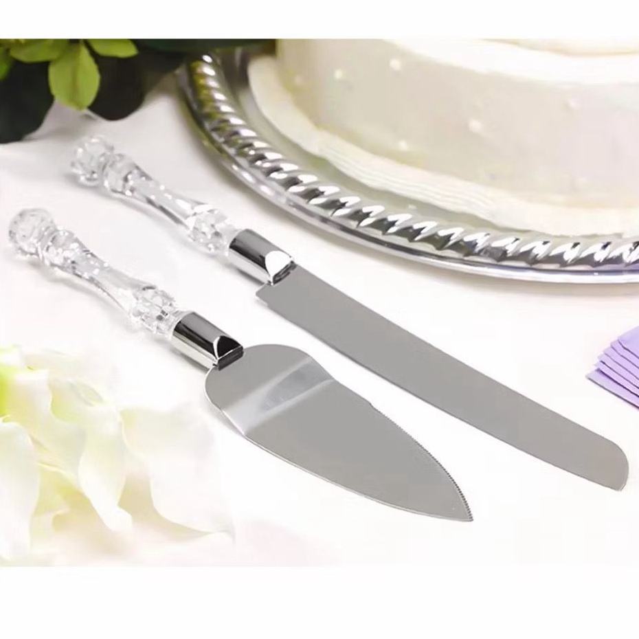 Jogo Espátula e Faca para Bolo em Aço Inox com Cabo Transparente – foto principal