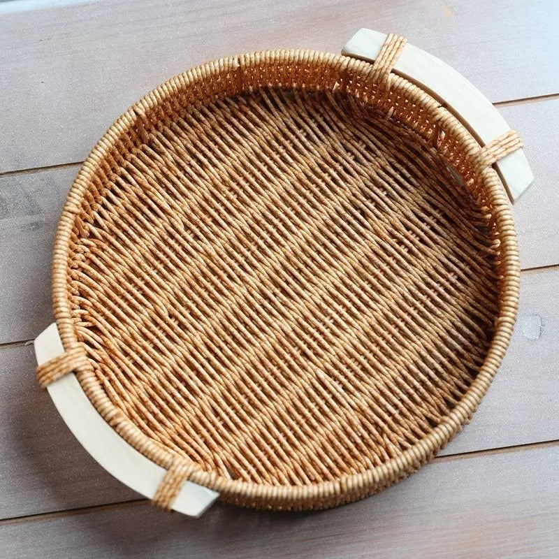 Cesta Redonda Efeito Rattan com Alças de Madeira, P ou M