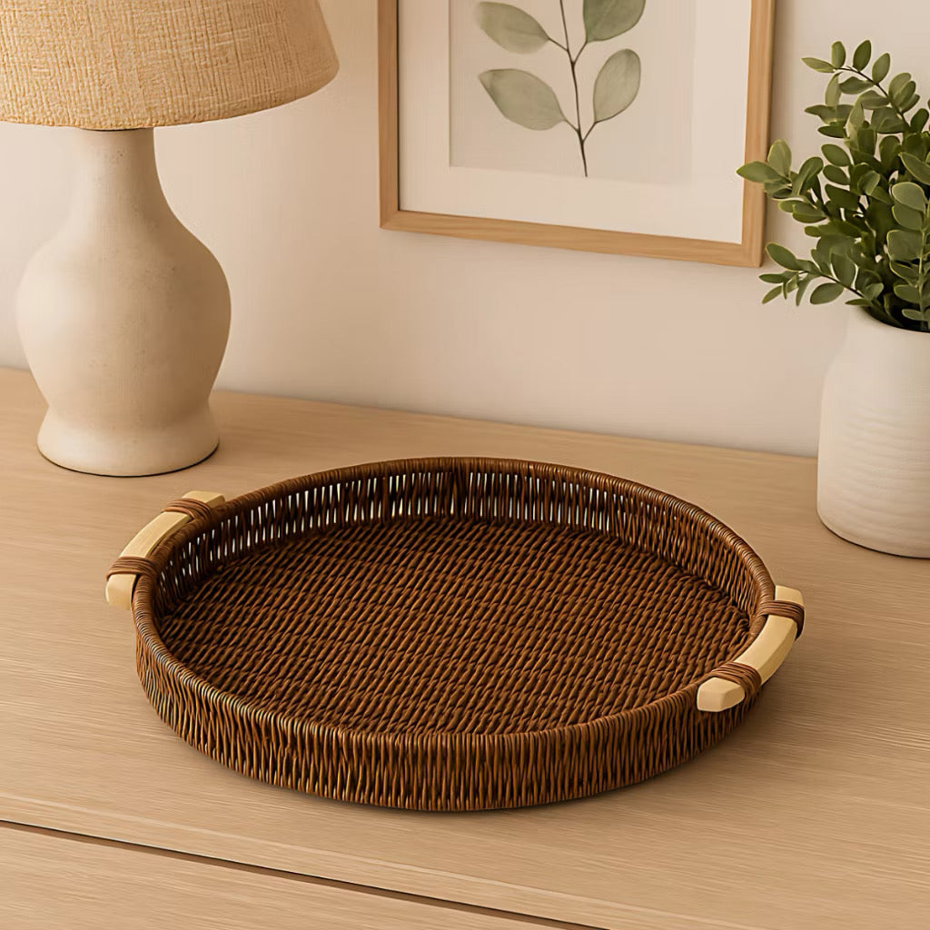 Cesta Redonda Efeito Rattan com Alças de Madeira, P ou M – foto 2