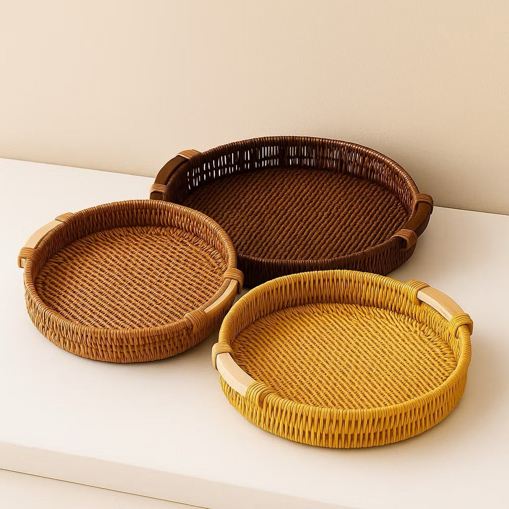 Cesta Redonda Efeito Rattan com Alças de Madeira, P ou M – foto 3
