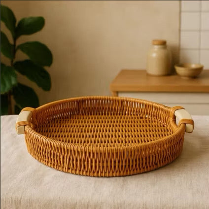 Cesta Redonda Efeito Rattan com Alças de Madeira, P ou M – foto 4