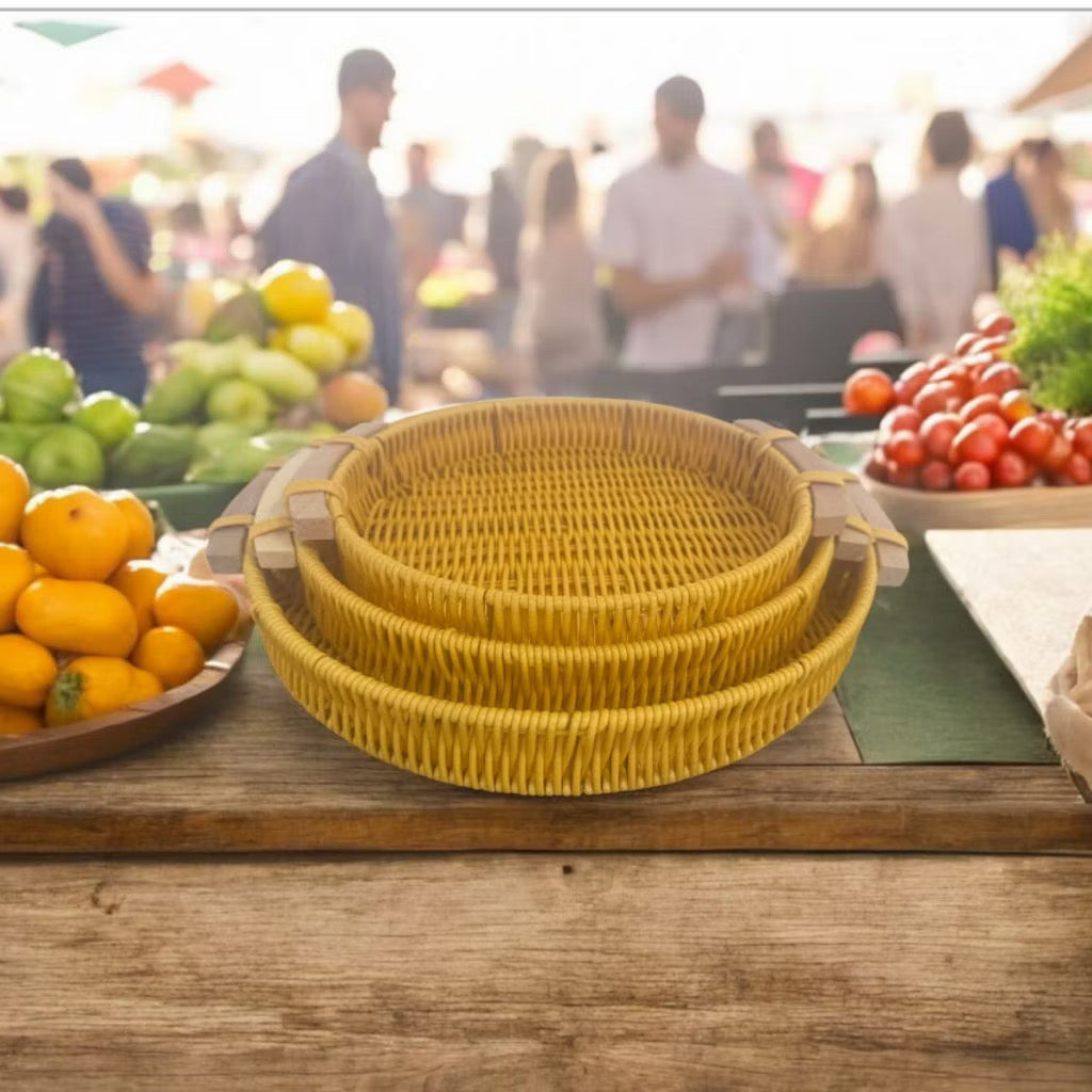 Cesta Redonda Efeito Rattan com Alças de Madeira, P ou M – foto 5