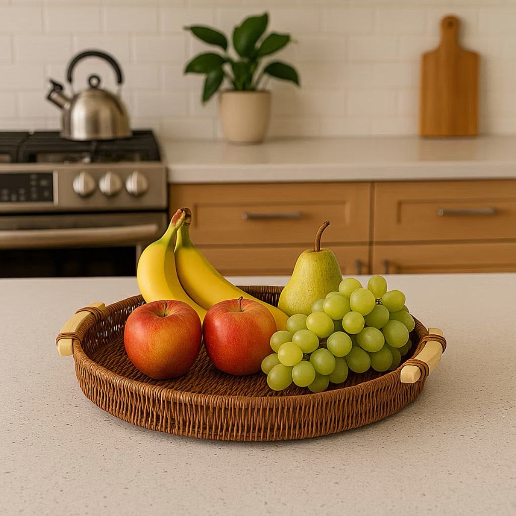 Cesta Redonda Efeito Rattan com Alças de Madeira, P ou M – foto 6