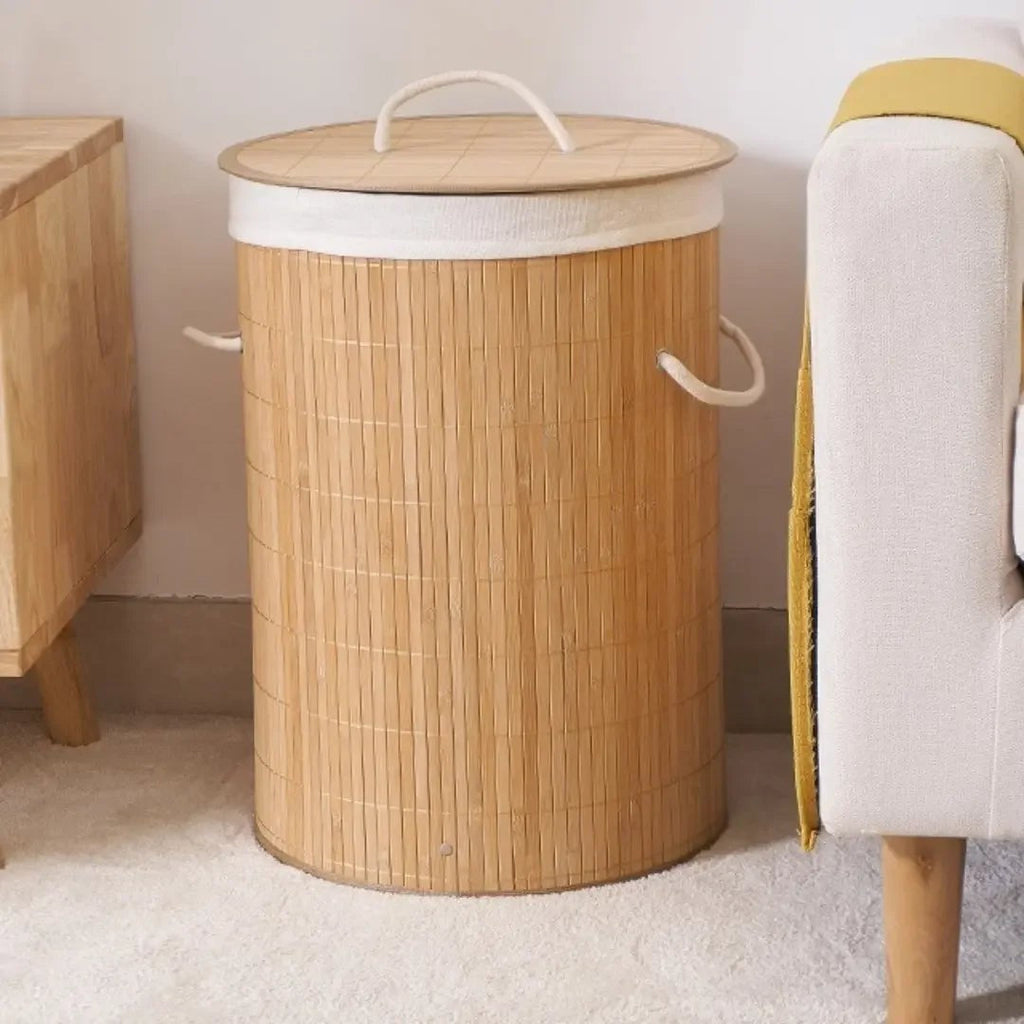 Cesto de Roupas Redondo de Bambu com Tampa e Forro de Tecido 60 cm
