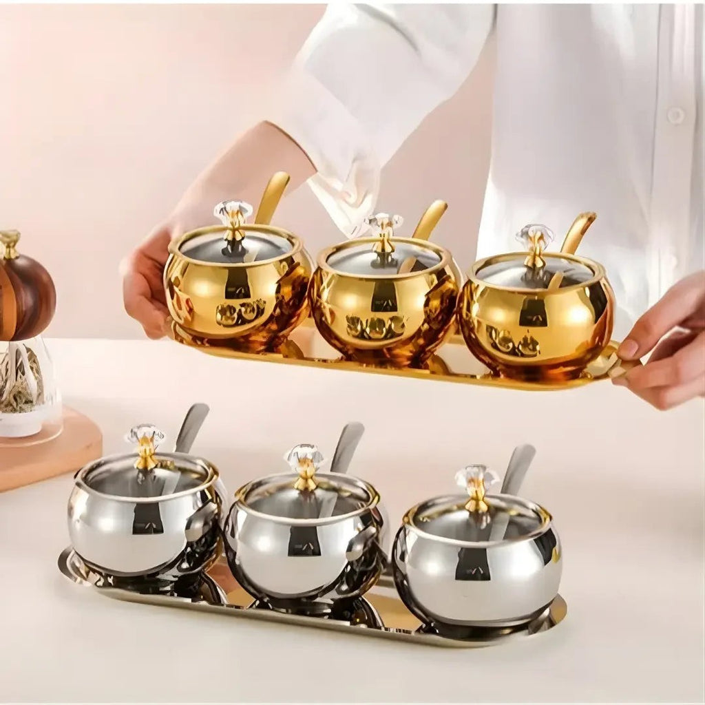 Conjunto 3 Potes de Aço Inox com Tampa, Colheres e Bandeja – foto 2