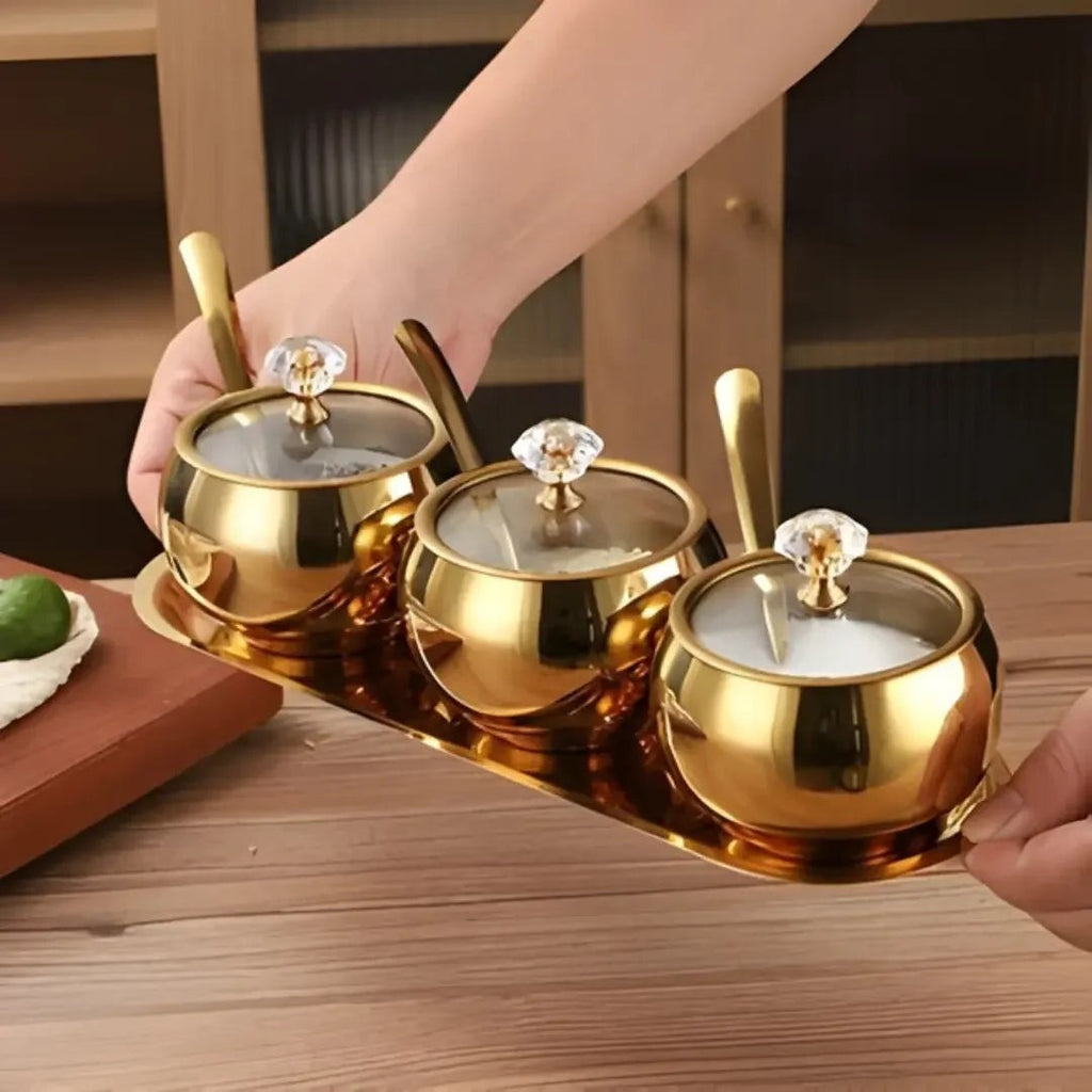 Conjunto 3 Potes de Aço Inox com Tampa, Colheres e Bandeja – foto 3