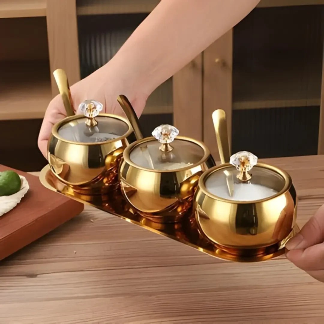 Conjunto 3 Potes de Aço Inox com Tampa, Colheres e Bandeja – foto 3