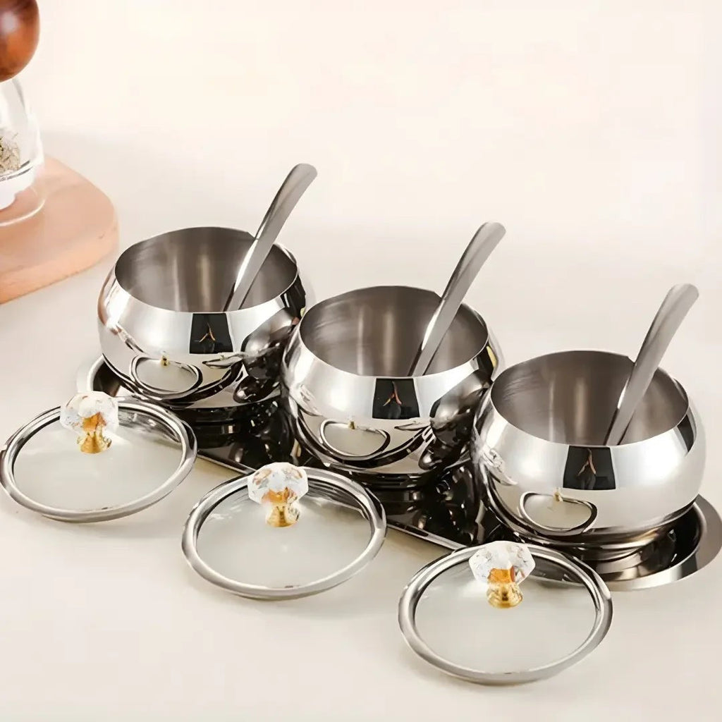 Conjunto 3 Potes de Aço Inox com Tampa, Colheres e Bandeja – foto 4
