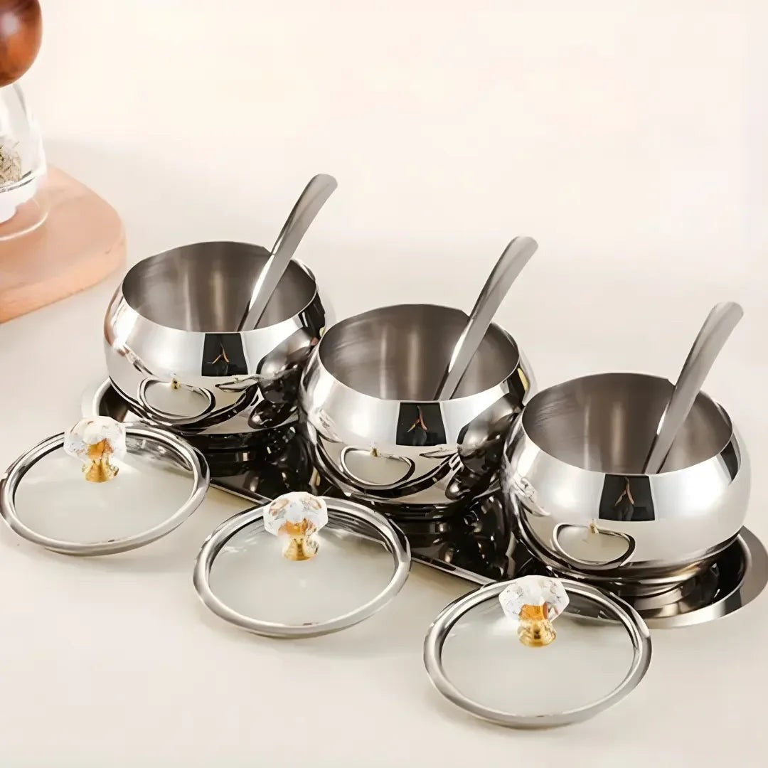 Conjunto 3 Potes de Aço Inox com Tampa, Colheres e Bandeja – foto 4