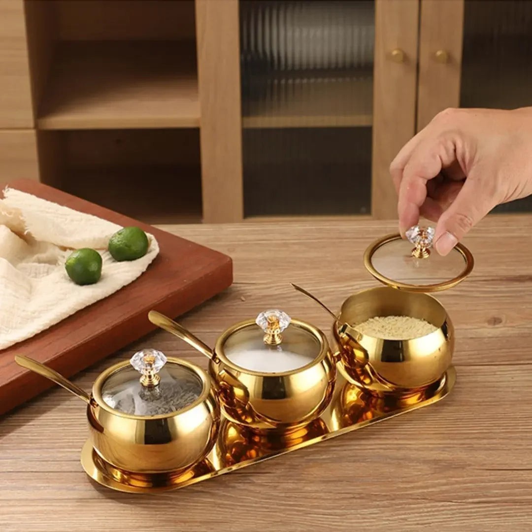 Conjunto 3 Potes de Aço Inox com Tampa, Colheres e Bandeja – foto 6