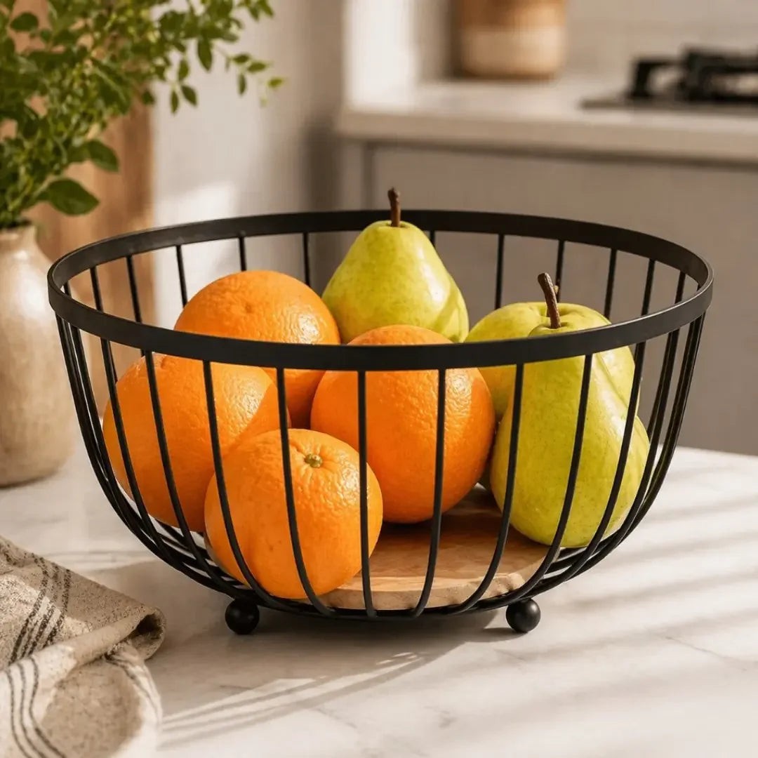 Fruteira Aramada de Ferro com Base de Bambu 25 cm