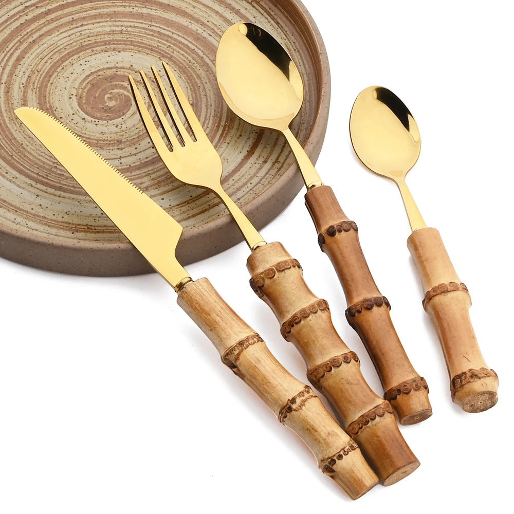 Jogo de Talheres 24 Peças em Aço Inox com Cabo Estilo Bambu – foto 5