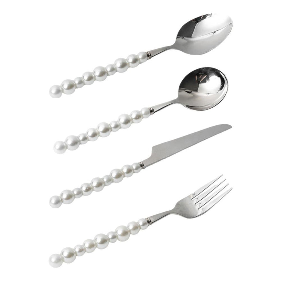 Jogo de Talheres 4 Peças em Aço Inox com Detalhe de Pérolas