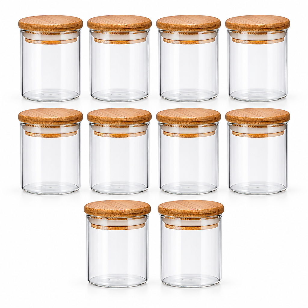 Kit 10 Potes Herméticos de Vidro 200 ml com Tampa de Bambu