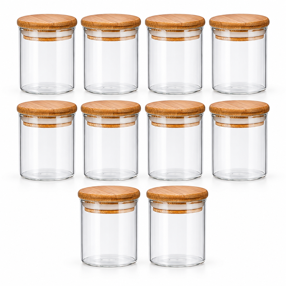 Kit 10 Potes Herméticos de Vidro 200 ml com Tampa de Bambu