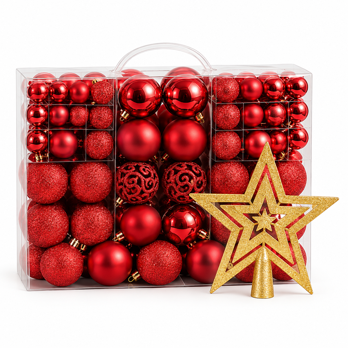 Kit 100 Bolas de Natal em 3 Tamanhos com Estrela de Topo – foto 3