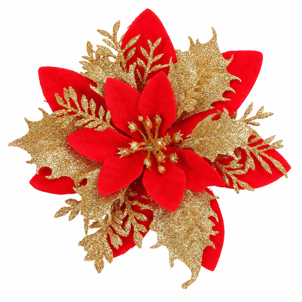 Kit 20 Flores de Natal Vermelhas e Douradas com Glitter 14 cm – foto 6