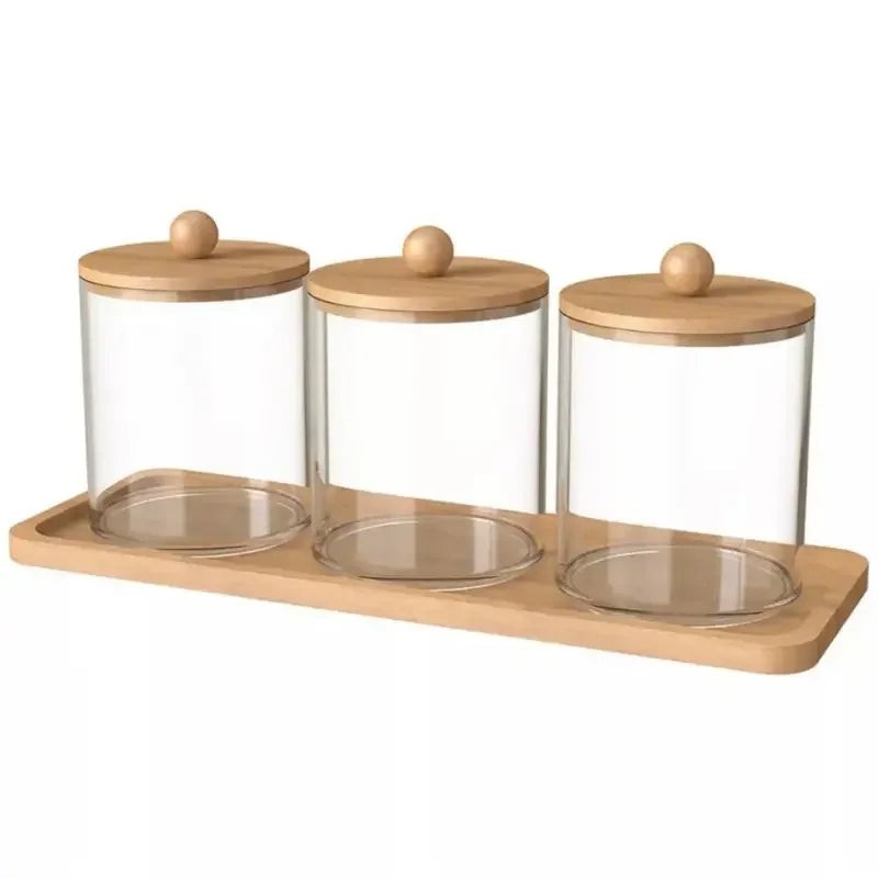 Kit 3 Potes de Acrílico com Tampa de Madeira e Bandeja de Bambu
