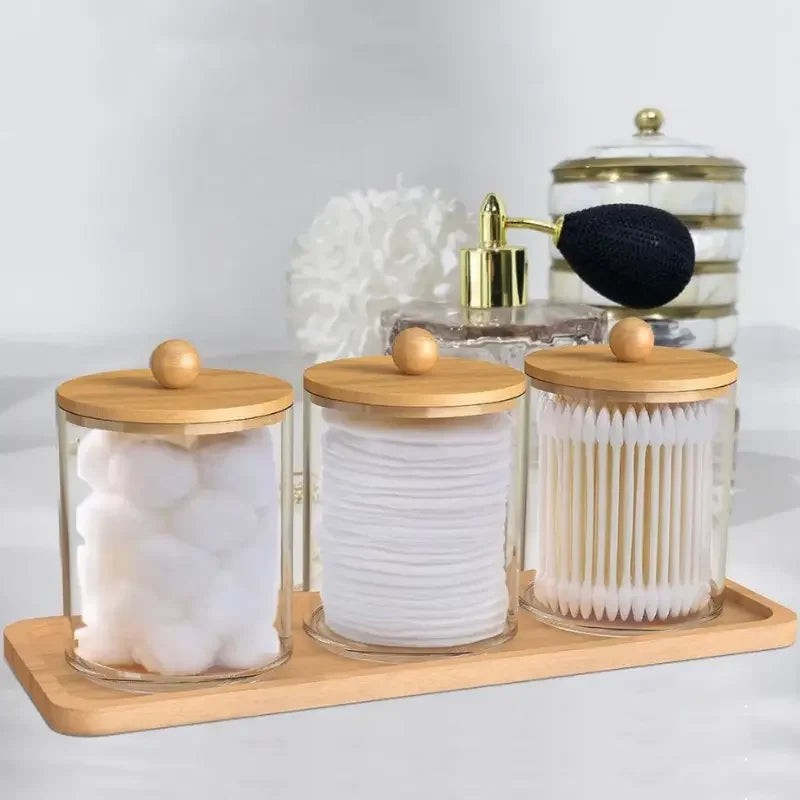 Kit 3 Potes de Acrílico com Tampa de Madeira e Bandeja de Bambu – foto 2