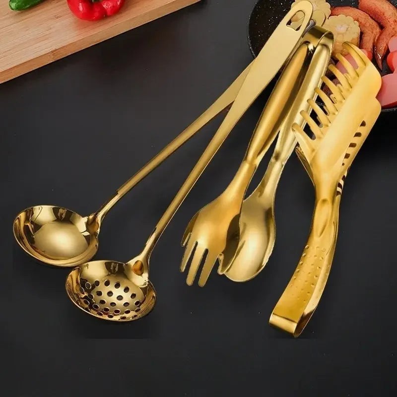 Kit 4 Utensílios de Servir em Aço Inox Dourado