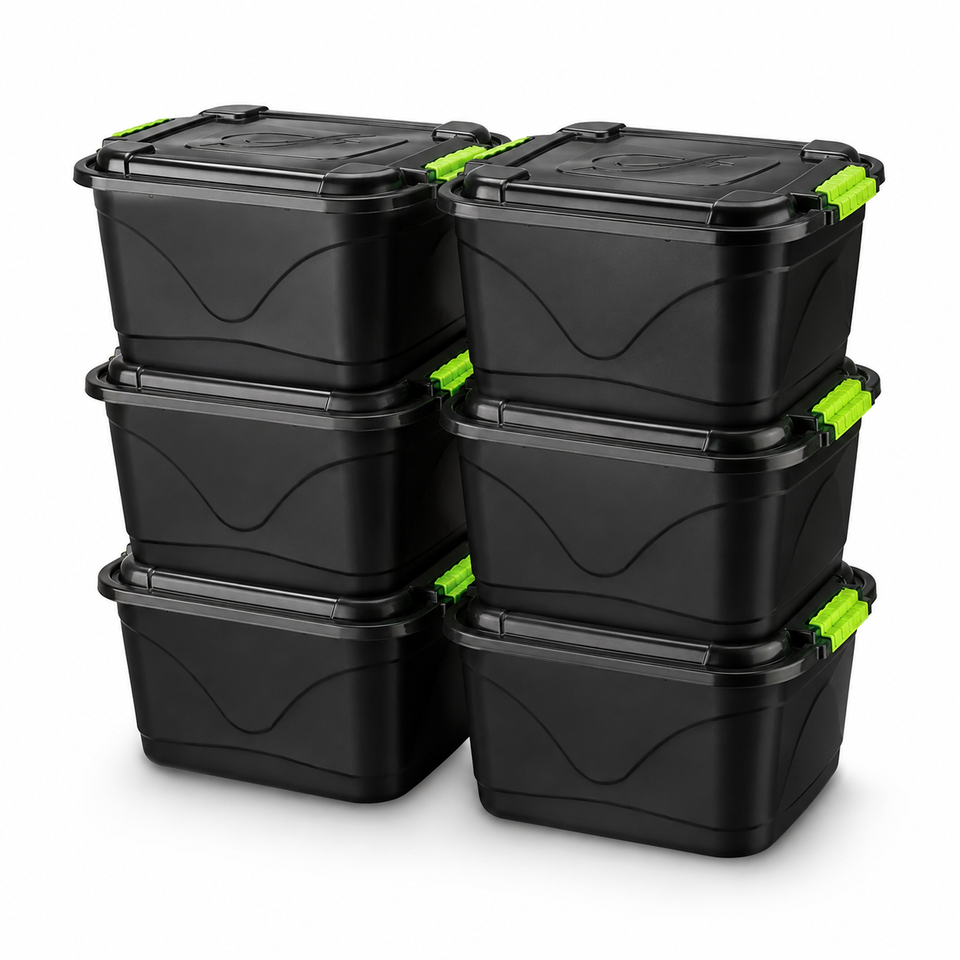 Kit 6 Caixas Organizadoras Pretas 30 L com Tampa e Trava