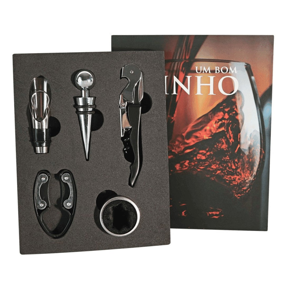 Kit Abridor de Vinho 5 Peças em Estojo Formato de Livro