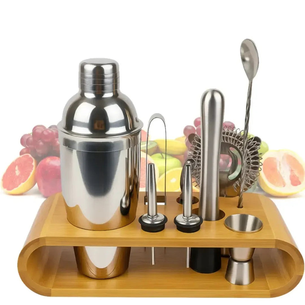 Kit Barman 10 Peças em Inox com Coqueteleira 550 ml e Base de Madeira