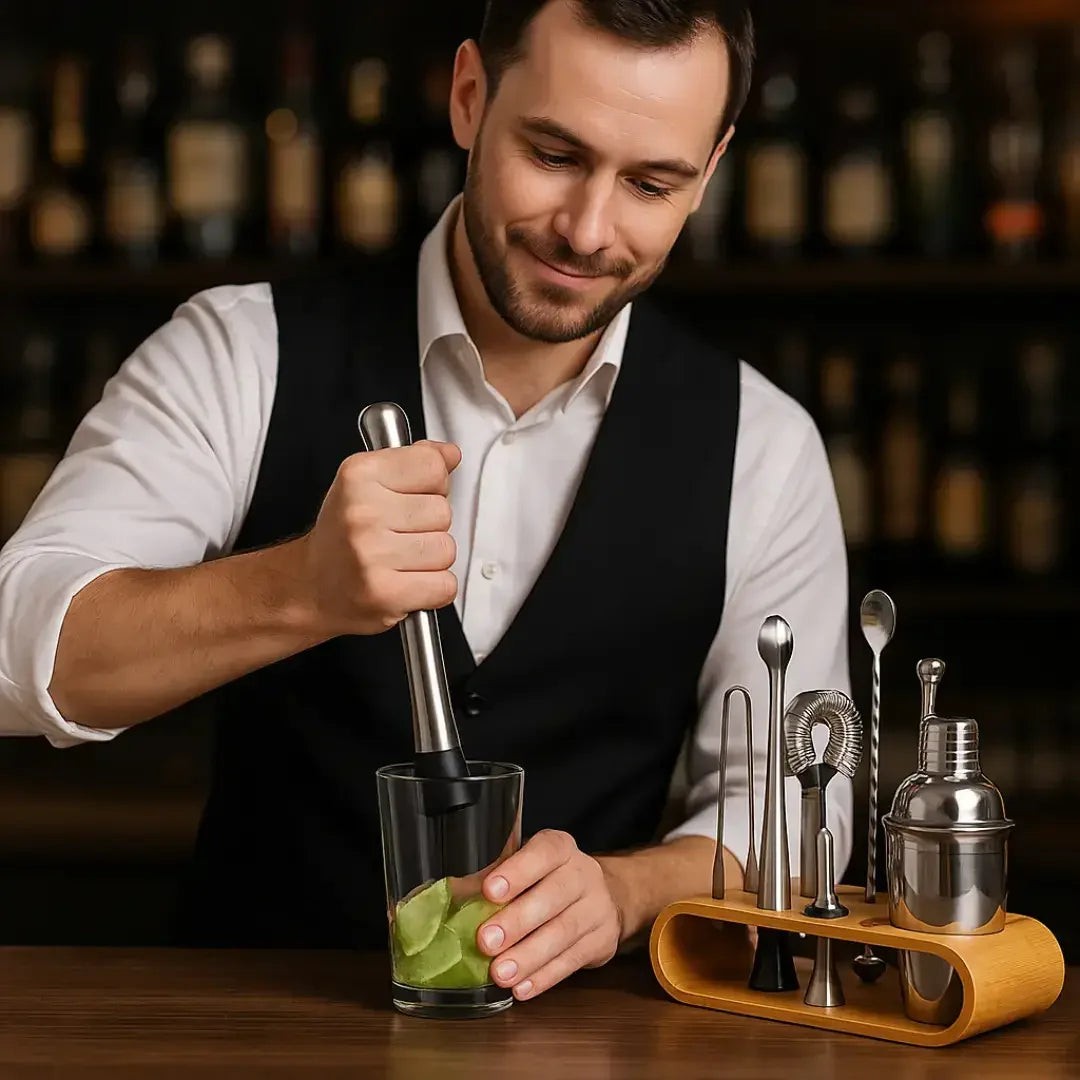 Kit Barman 10 Peças em Inox com Coqueteleira 550 ml e Base de Madeira – foto 4