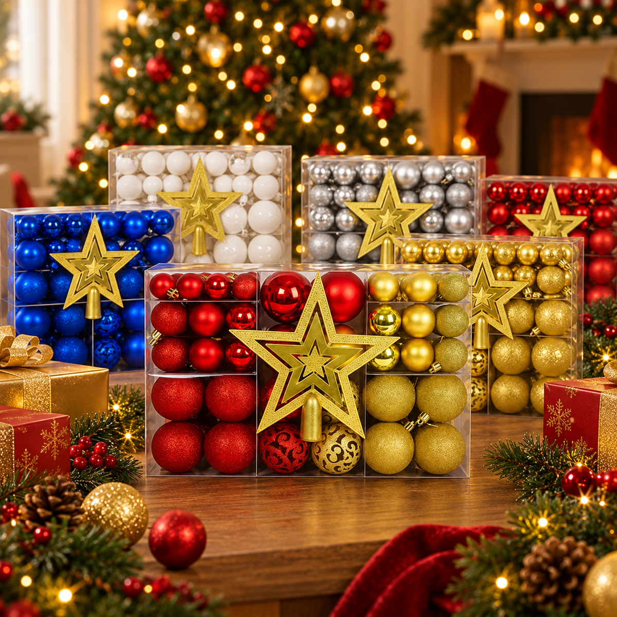 Kit Bolas de Natal Lisas, Foscas e com Glitter com Ponteira