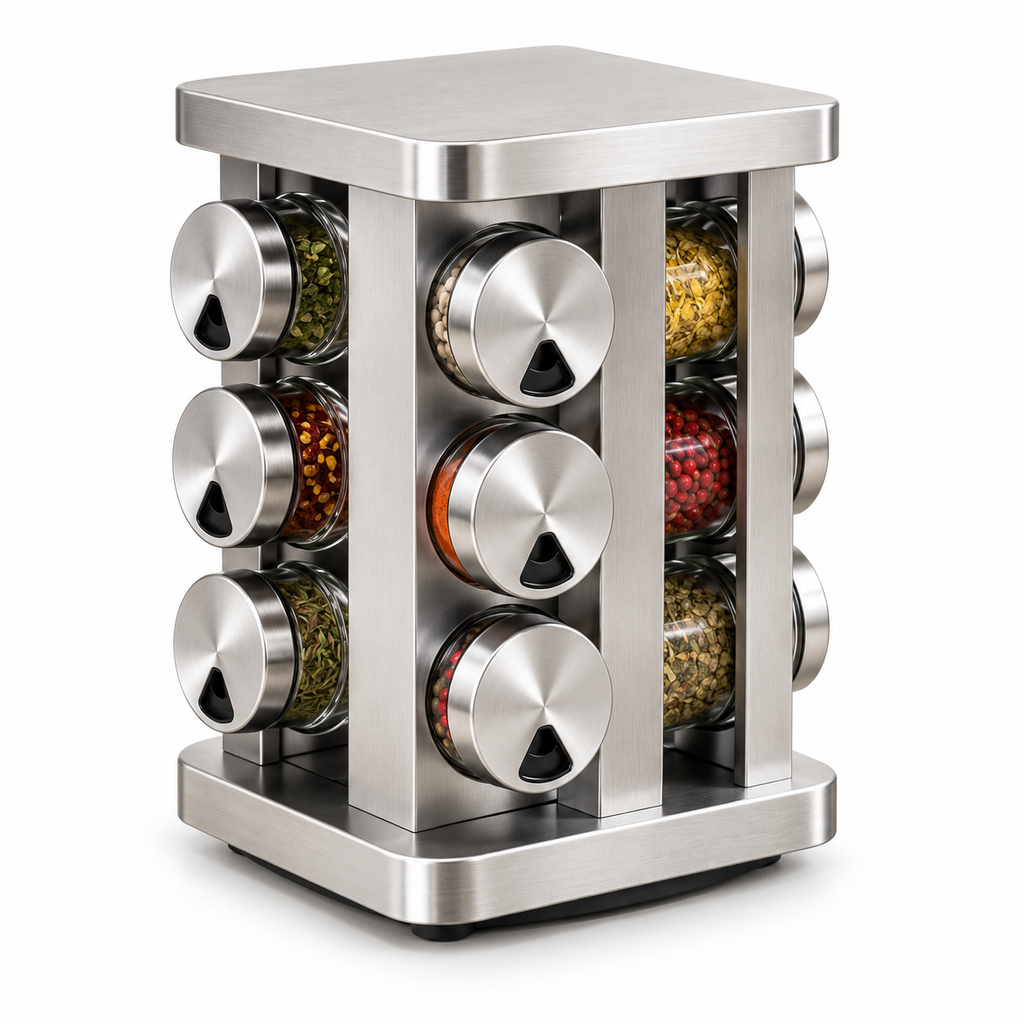 Porta-Temperos Giratório de Inox com 12 Potes de Vidro