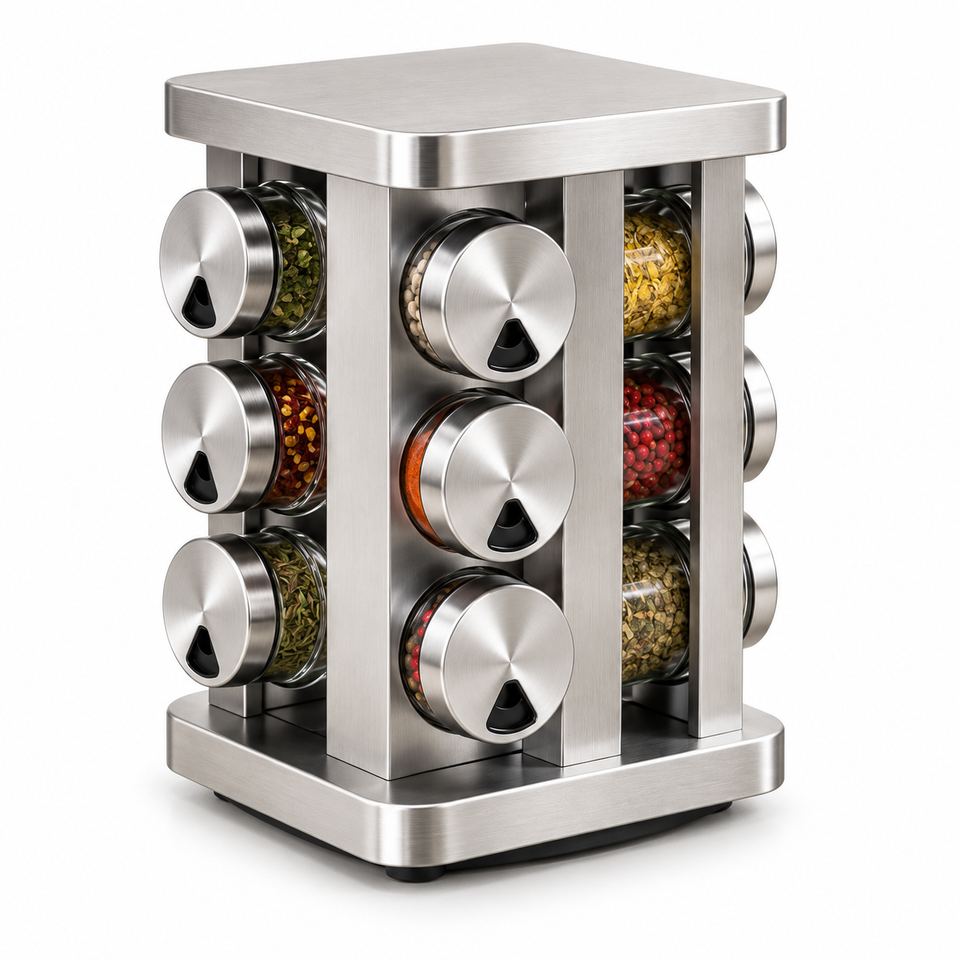 Porta-Temperos Giratório de Inox com 12 Potes de Vidro