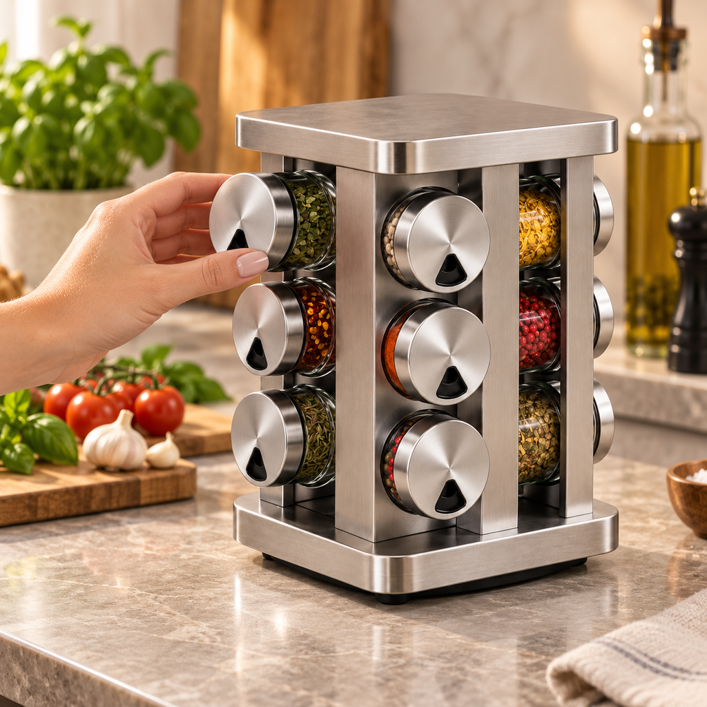 Porta-Temperos Giratório de Inox com 12 Potes de Vidro – foto 2