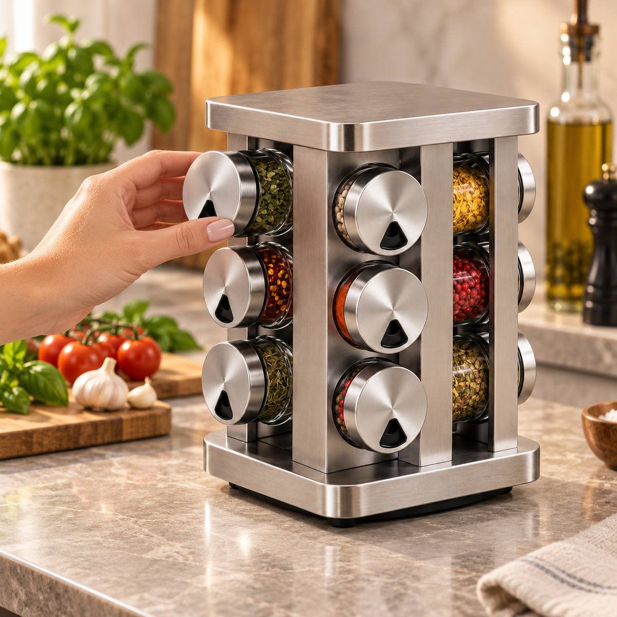 Porta-Temperos Giratório de Inox com 12 Potes de Vidro – foto 2