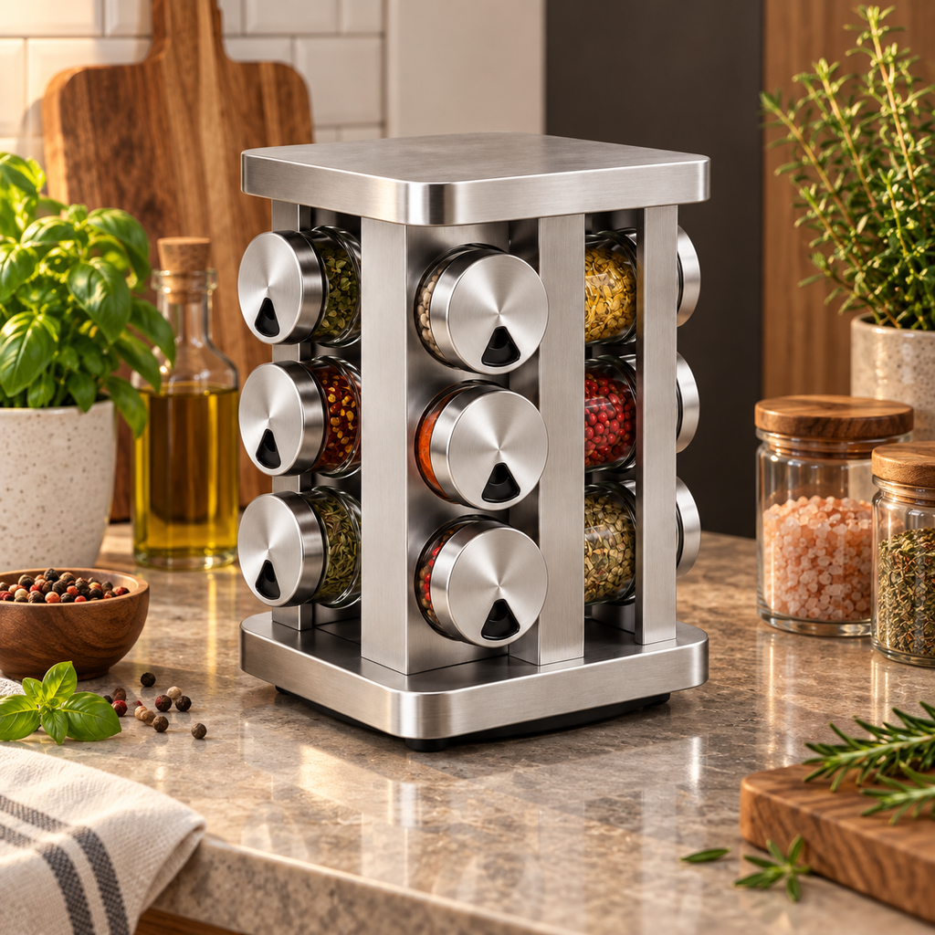 Porta-Temperos Giratório de Inox com 12 Potes de Vidro – foto 3