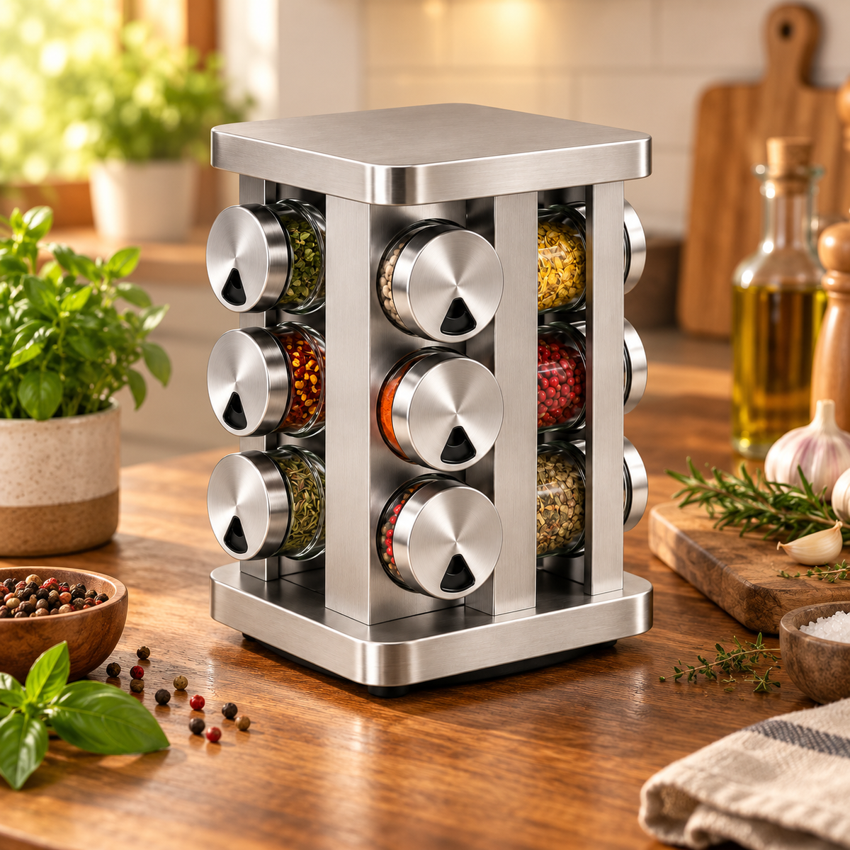 Porta-Temperos Giratório de Inox com 12 Potes de Vidro – foto 5