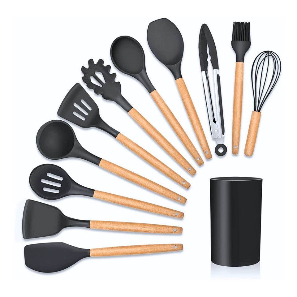 Kit 12 Utensílios de Silicone com Cabo de Madeira e Suporte – foto principal