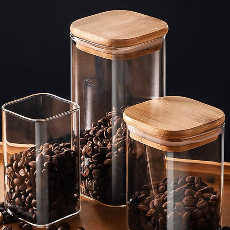 Pote Quadrado Transparente com Tampa de Bambu 500 ml a 1 L – foto principal