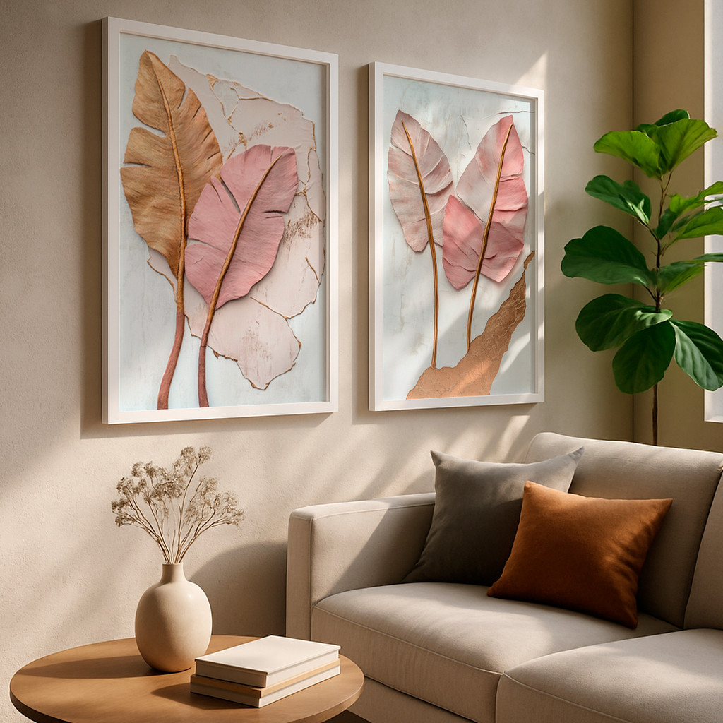Kit 2 Quadros Decorativos Folhas Rosê e Douradas com Efeito Relevo – foto principal