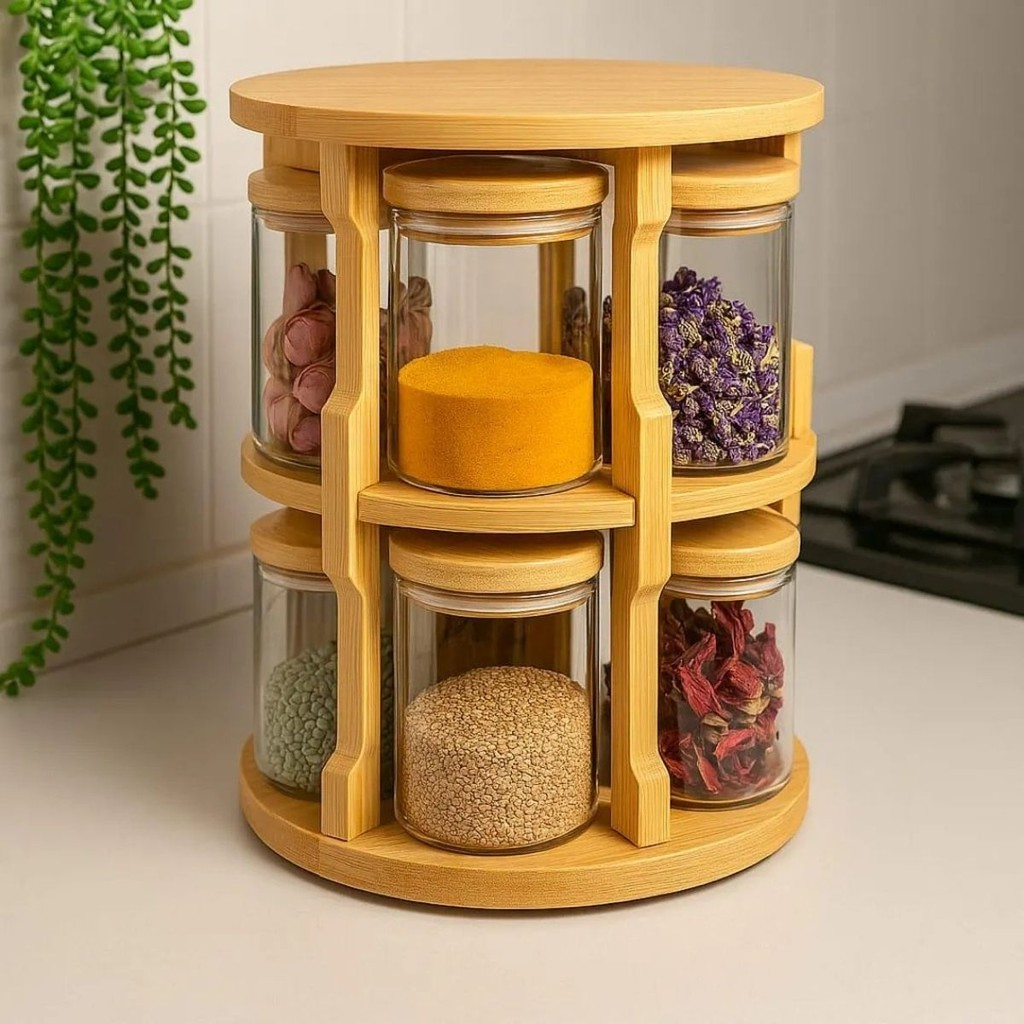 Porta-Temperos Giratório com 10 Potes de Vidro 250 ml e Tampa de Bambu – foto 6